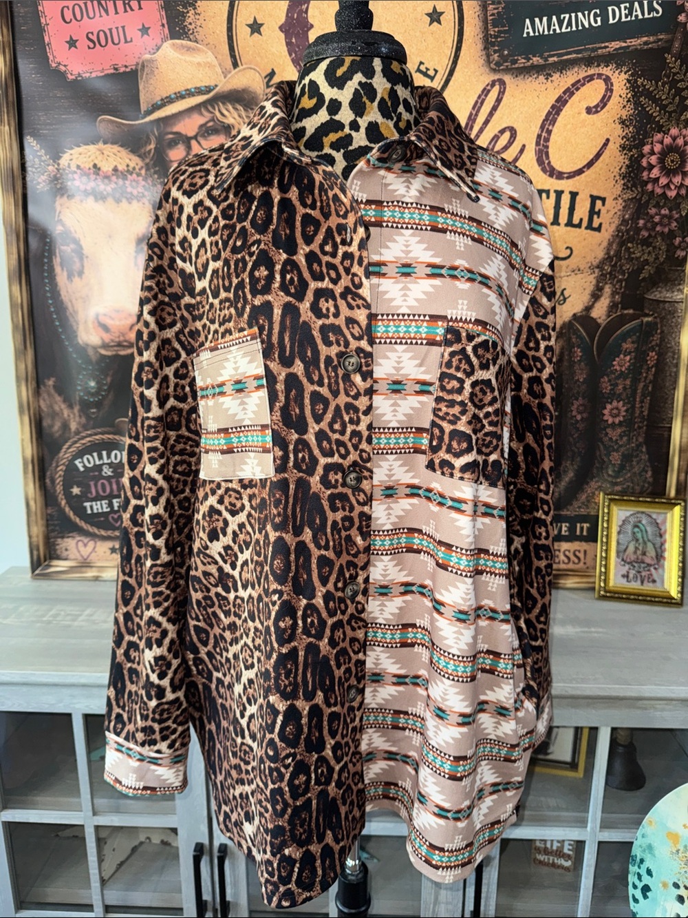 NWT STERLING CREEK Women' Leopard & Aztec Shacket Top - Sz Lg